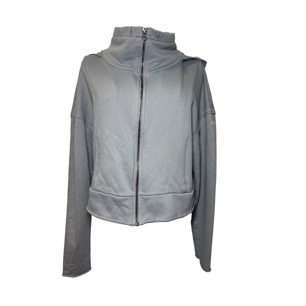 Alo Yoga Hype Full Zip Hoodie Blue Gray Cropped Funnel Neck Jacket - M